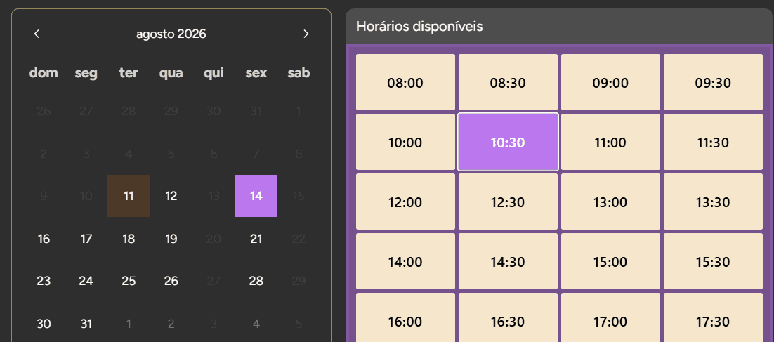Tela de horários disponíveis do cliente
